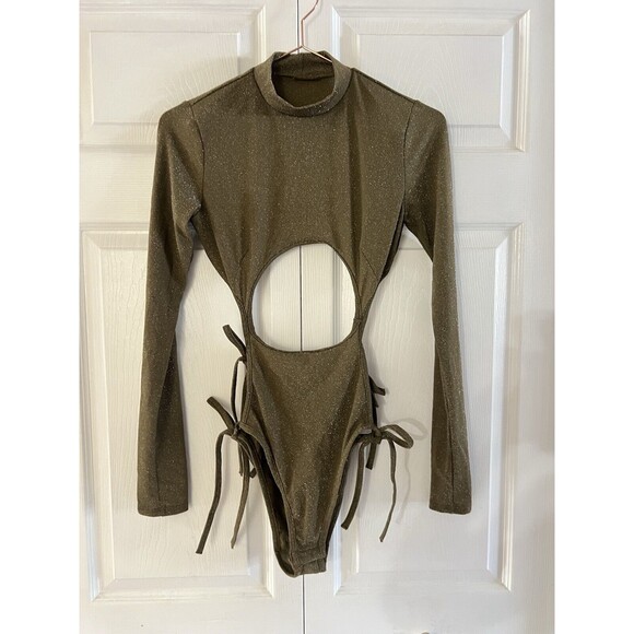 Savage X Fenty Bodysuit Green Shine Strapy Teddy Thong Mock Neck Size M - Picture 6 of 9